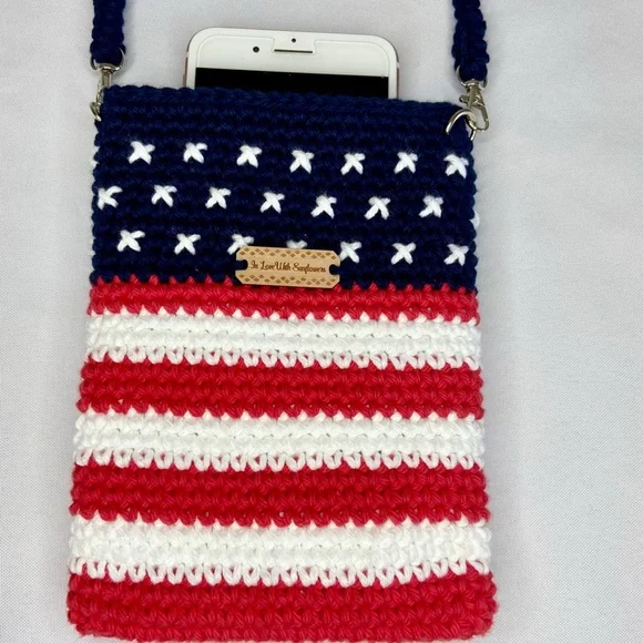 Womens Crossbody Lined Crochet Phone Bag Purse - 4th of July - USA flag - Picture 9 of 11